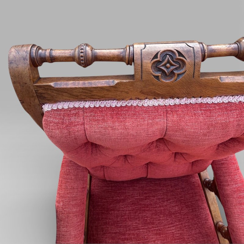 Antique Victorian Pair Of Ladies And Gentlemen’s Red Gothic Revival Oak Chairs - Image 11